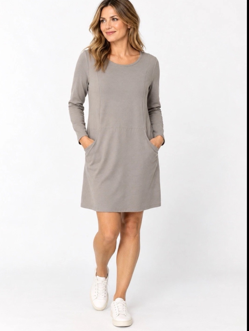 Pure Jill Lt. Gray Sweatshirt Dress Pouch Pocket Pima Cotton Modal Stretch NWOT